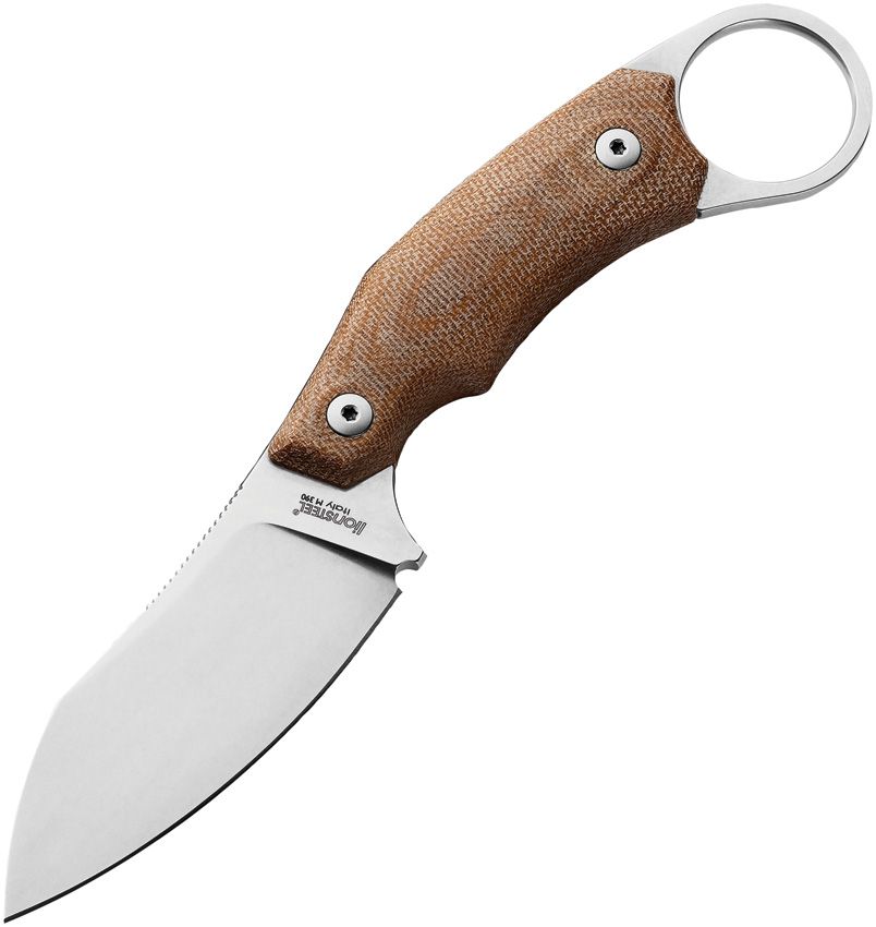 H1, M390 Stonewashed Sheepsfoot Blade, Natural Canvas Micarta Handle, Black Leather Sheath