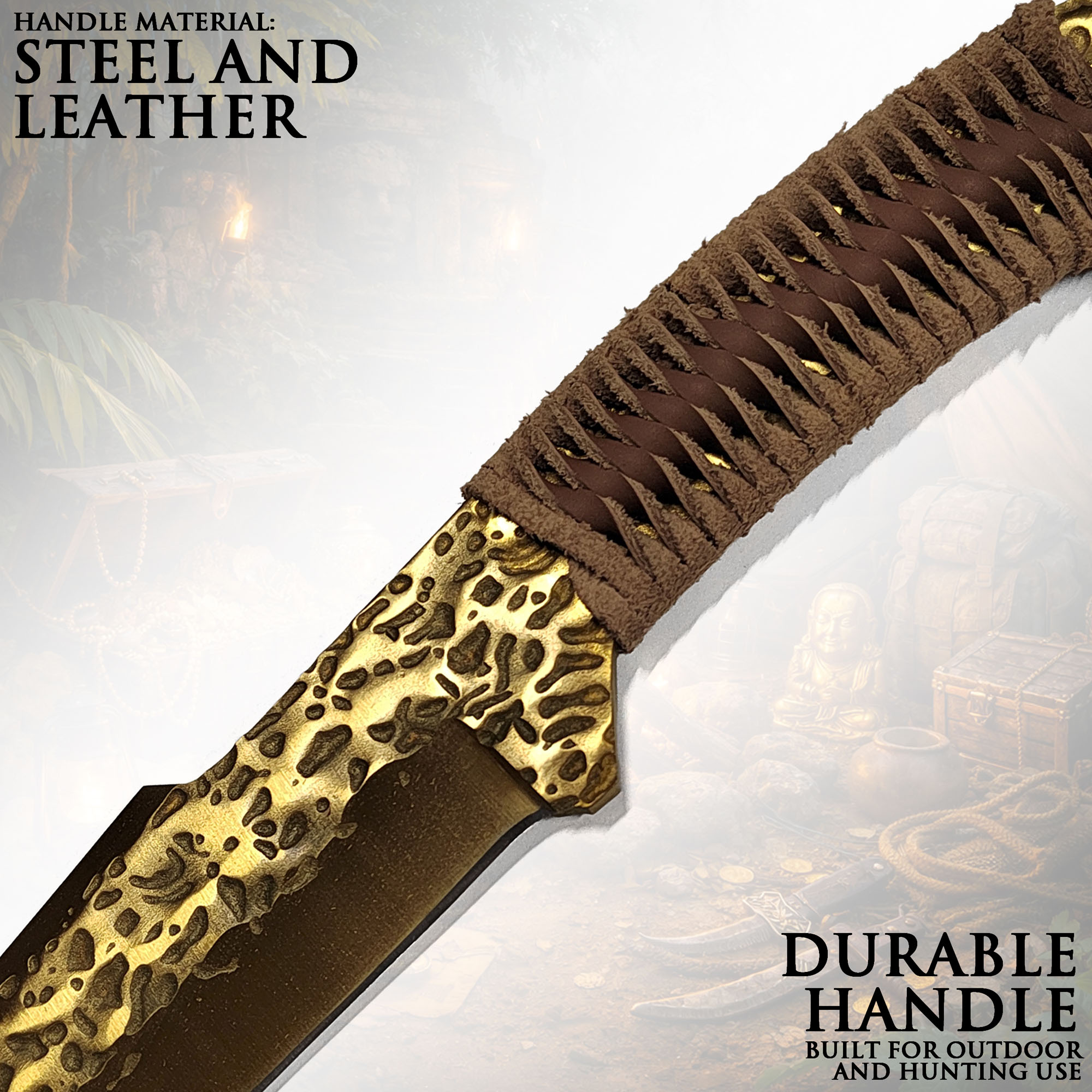 Handgeschmiedetes Jagdmesser im keltischen Stil mit Lederscheide (goldene Klinge)