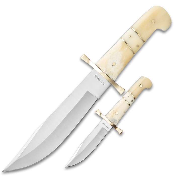 Camel Bone Bowie Knife - Two-Knife Set with Leather Twin Sheath