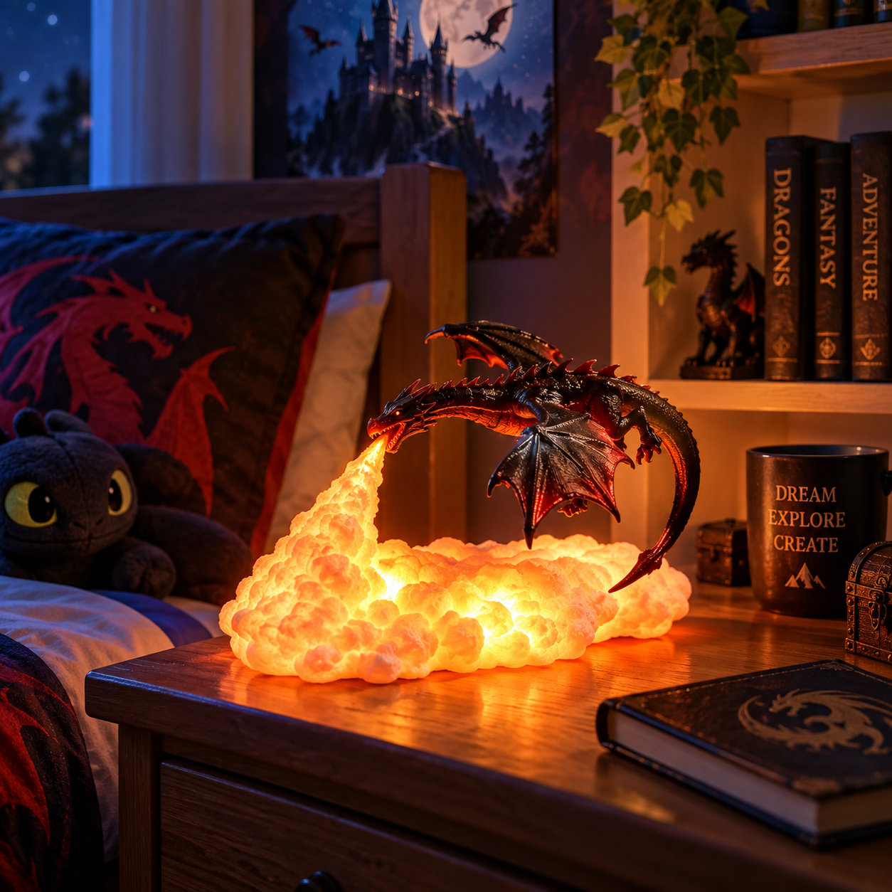 Drachenlampe aus 3D-Drucktechnik, feuerspeiender Drache