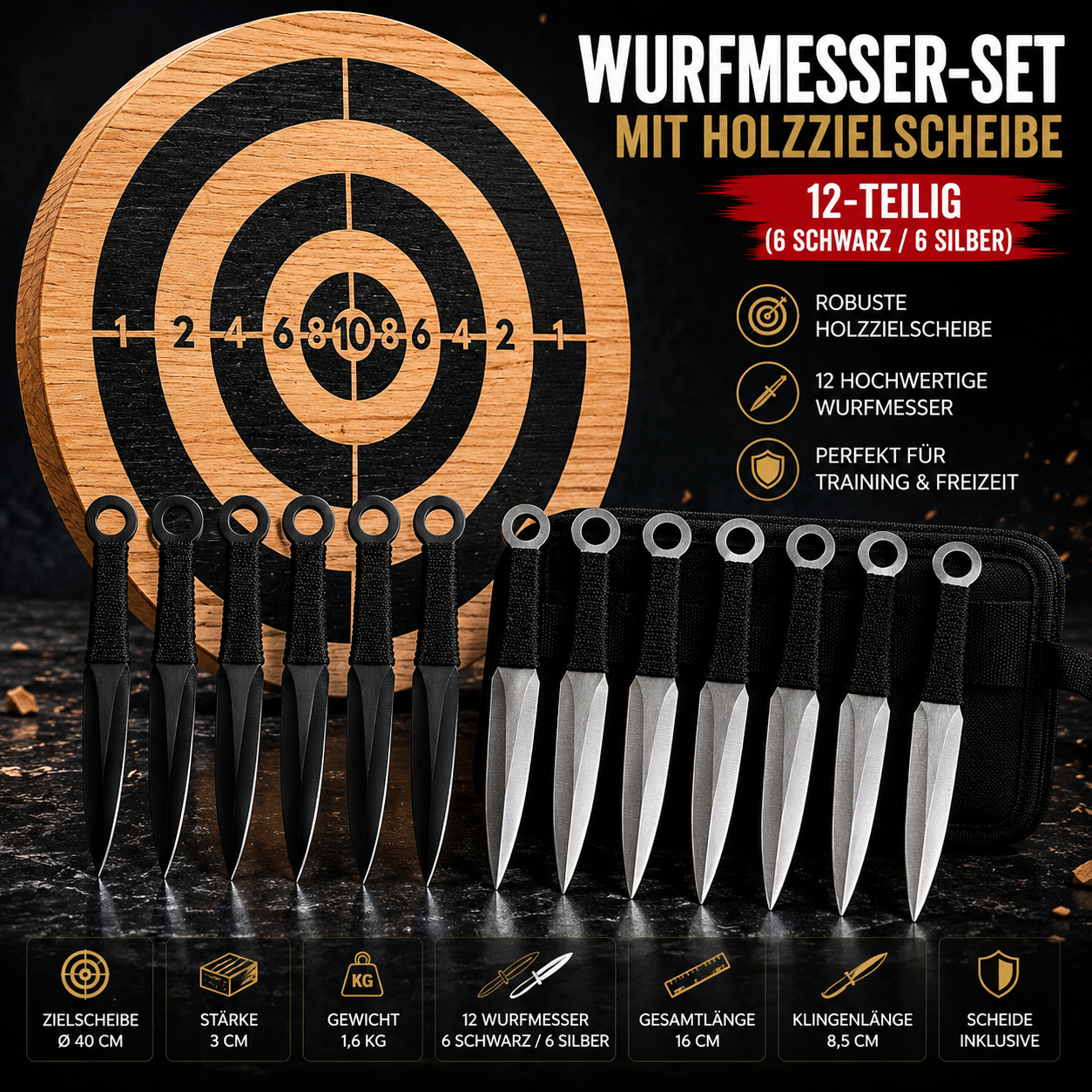 Throwing Knife Set with Wooden Target – 12 Piece Set (6 Black / 6 Silver)