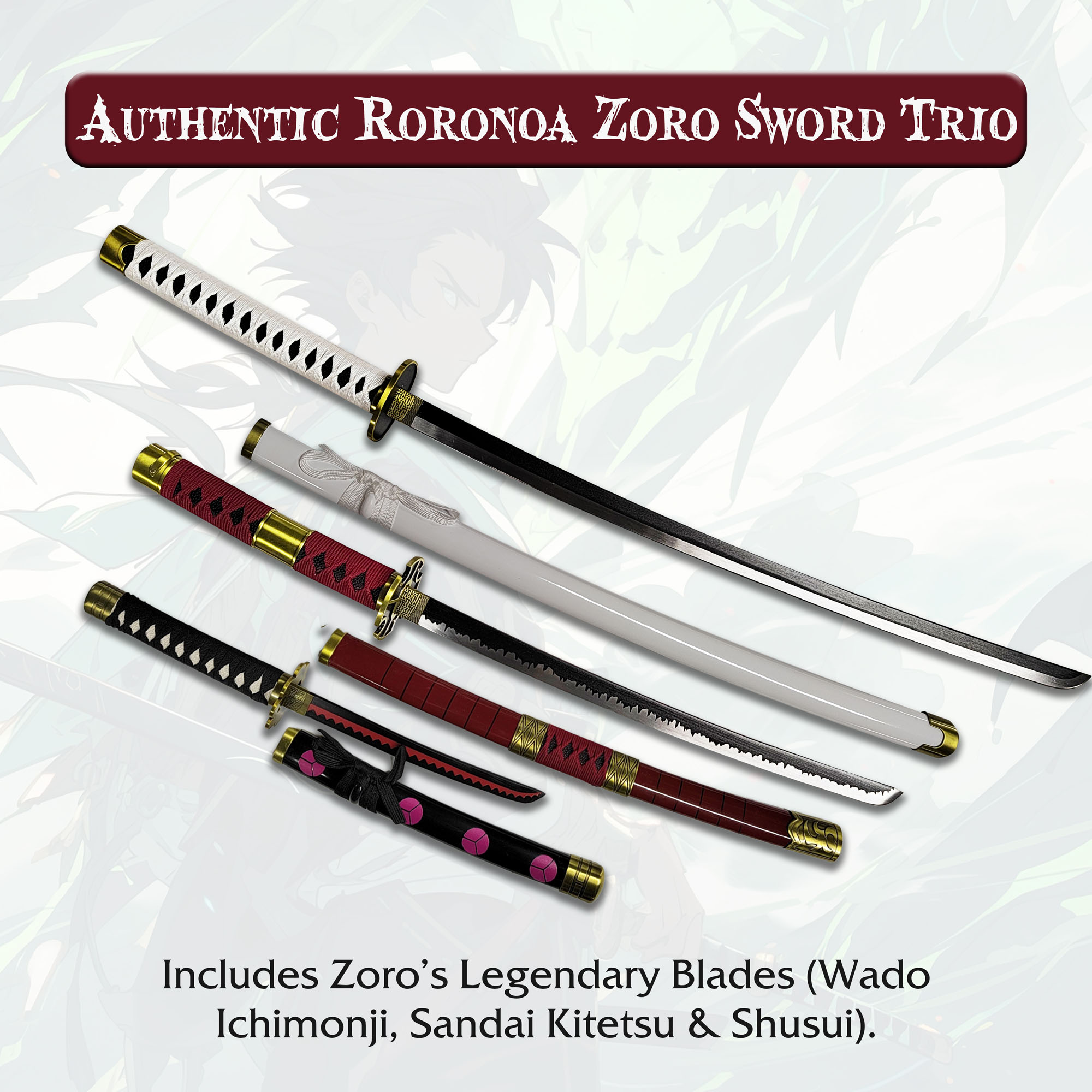 One Piece Schwerter Set mit Ständer – Wado Ichimonji, Sandai Kitetsu & Shuusui