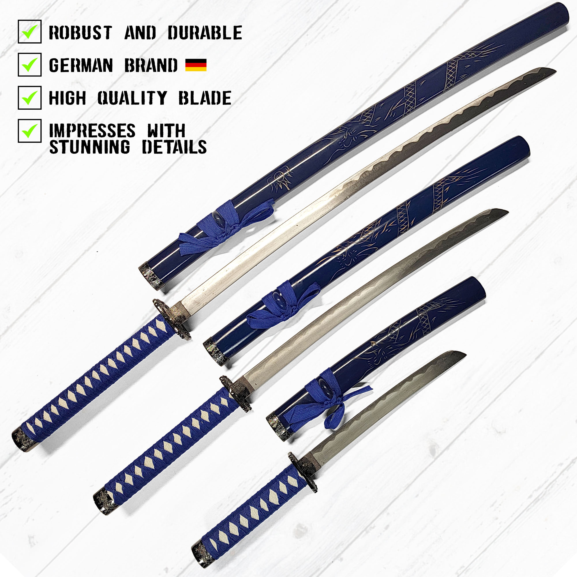 Samurai Schwert 3er Set mit Ständer - Blau (Katana, Wakizashi und Tanto)