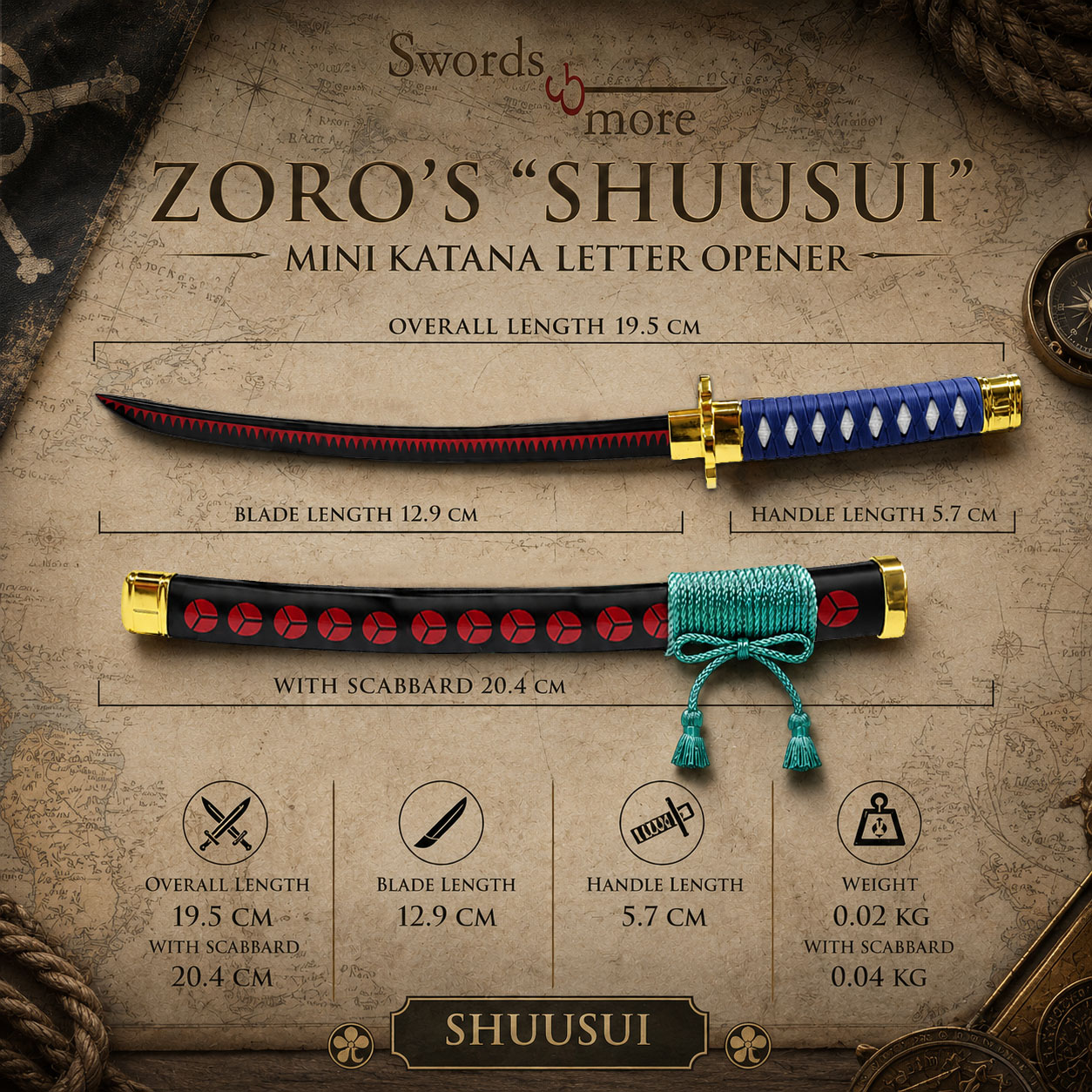 One Piece: Zoro's "Shuusui" Mini-Katana Brieföffner – Geschenk-Set in Holzbox