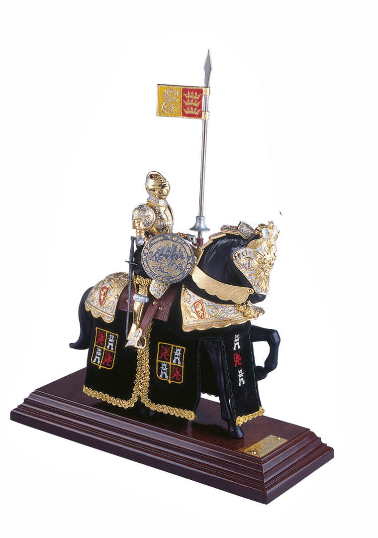 Miniature knight on horse, Spanish helmet, green 