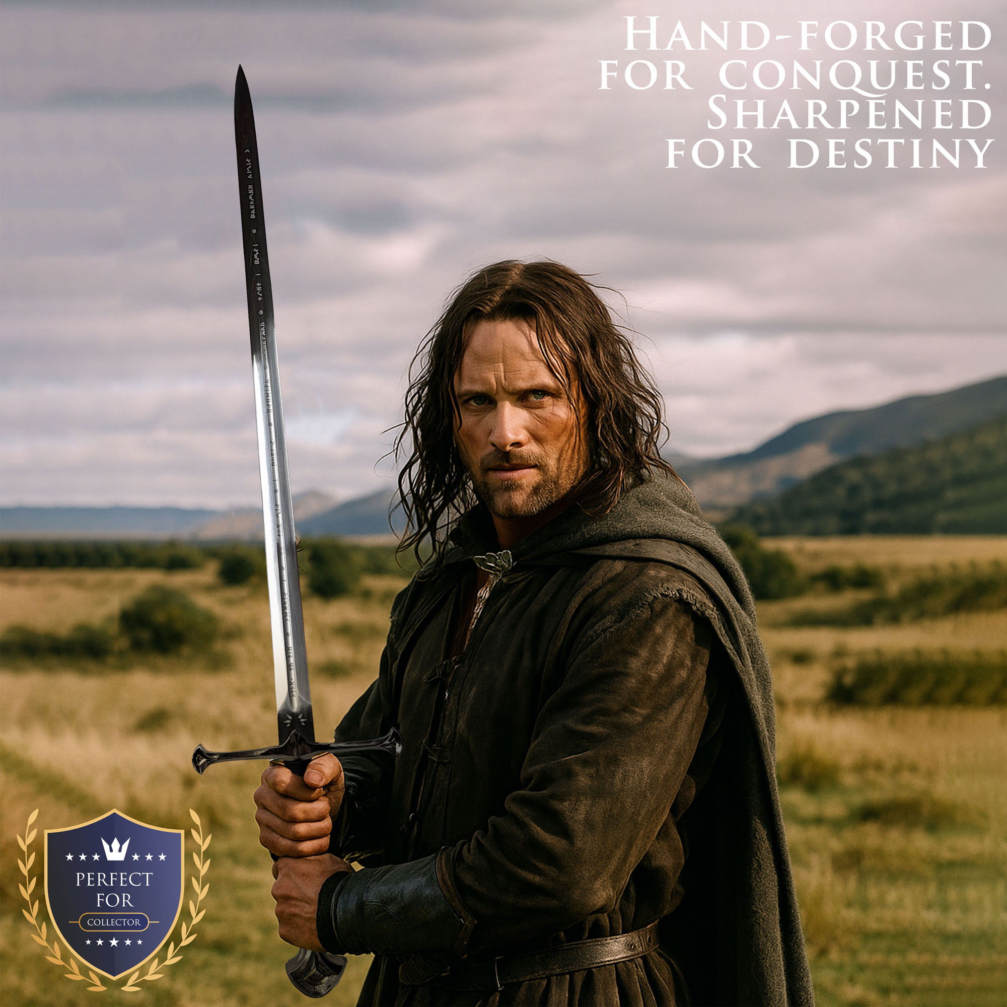 King Sword with Sheath, Handforged, Sharp Edge, Complete Set with Scabbard, Wall Plaque & Belt