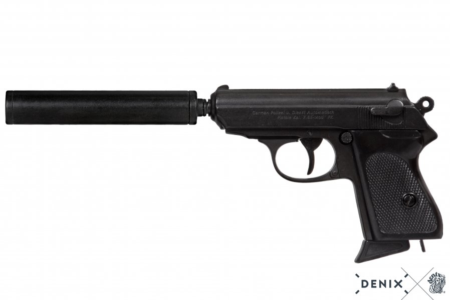 Pistole Englischer Geheimagent, mit Schalldämpfer, aus Metall, zerlegbar