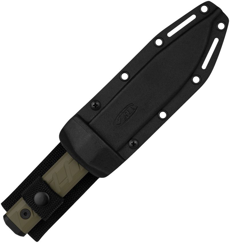 Model 0006TSOL, CPM-3V Tiger Stripe Clip Point Blade, Olive G10 Handles, Kydex Sheath