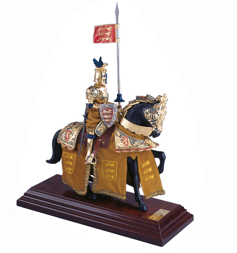 Miniature knight on horse, dragon helmet, gold 