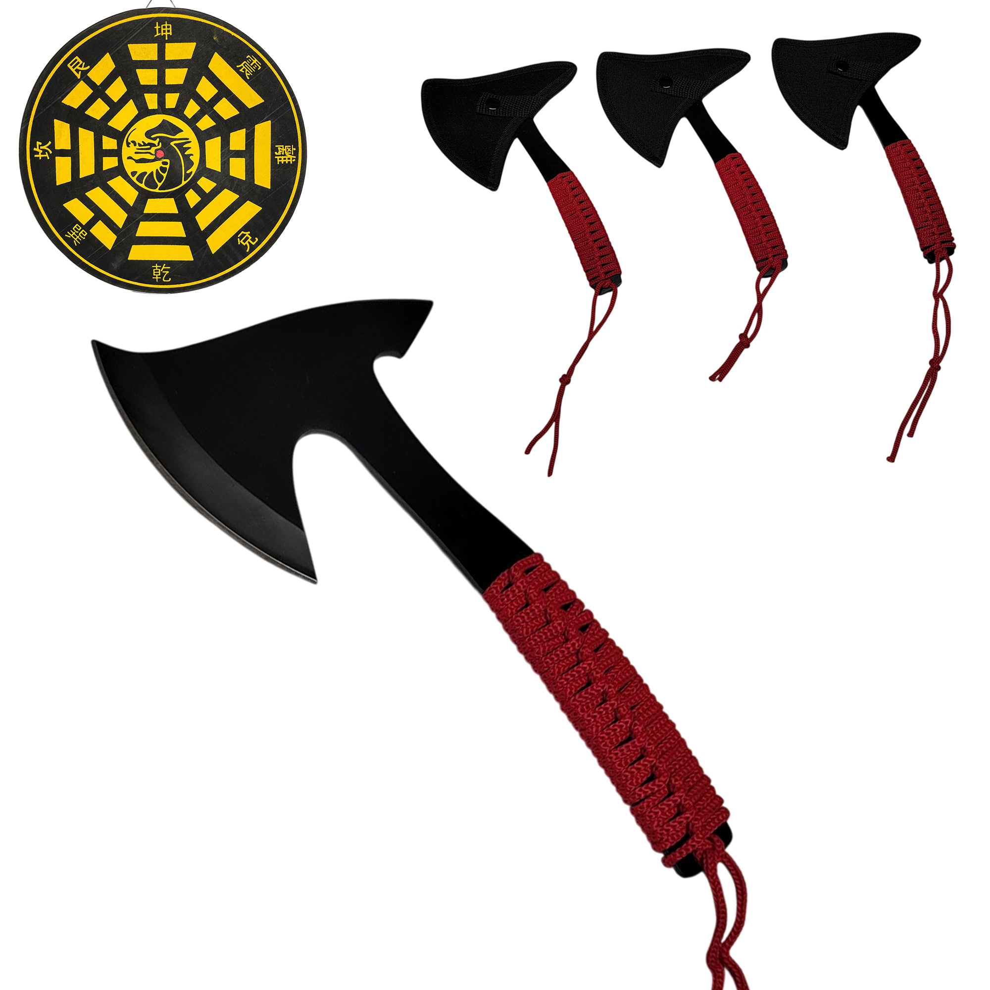 3er Wurfaxt Set mit Cordura-Scheiden und Wurfscheibe