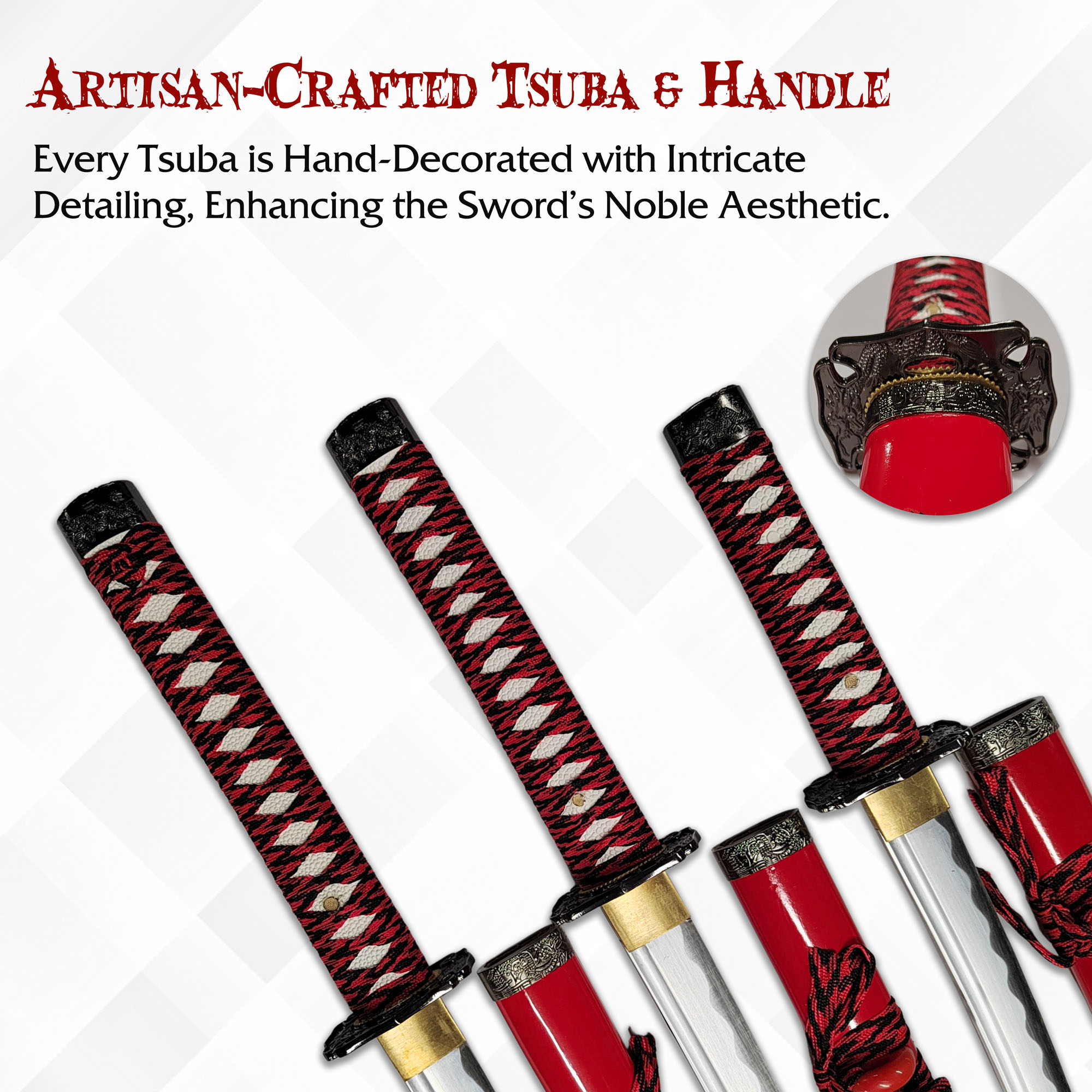 Handorged Samurai Sword Set of 3 with Stand and Care Kit - Red (Katana, Wakizashi and Tanto) 