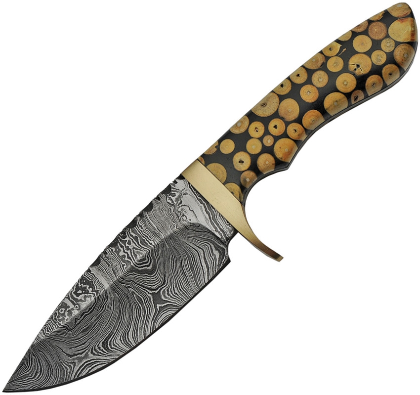 Damascus Knife, Fixed Blade, Knotted Wood 