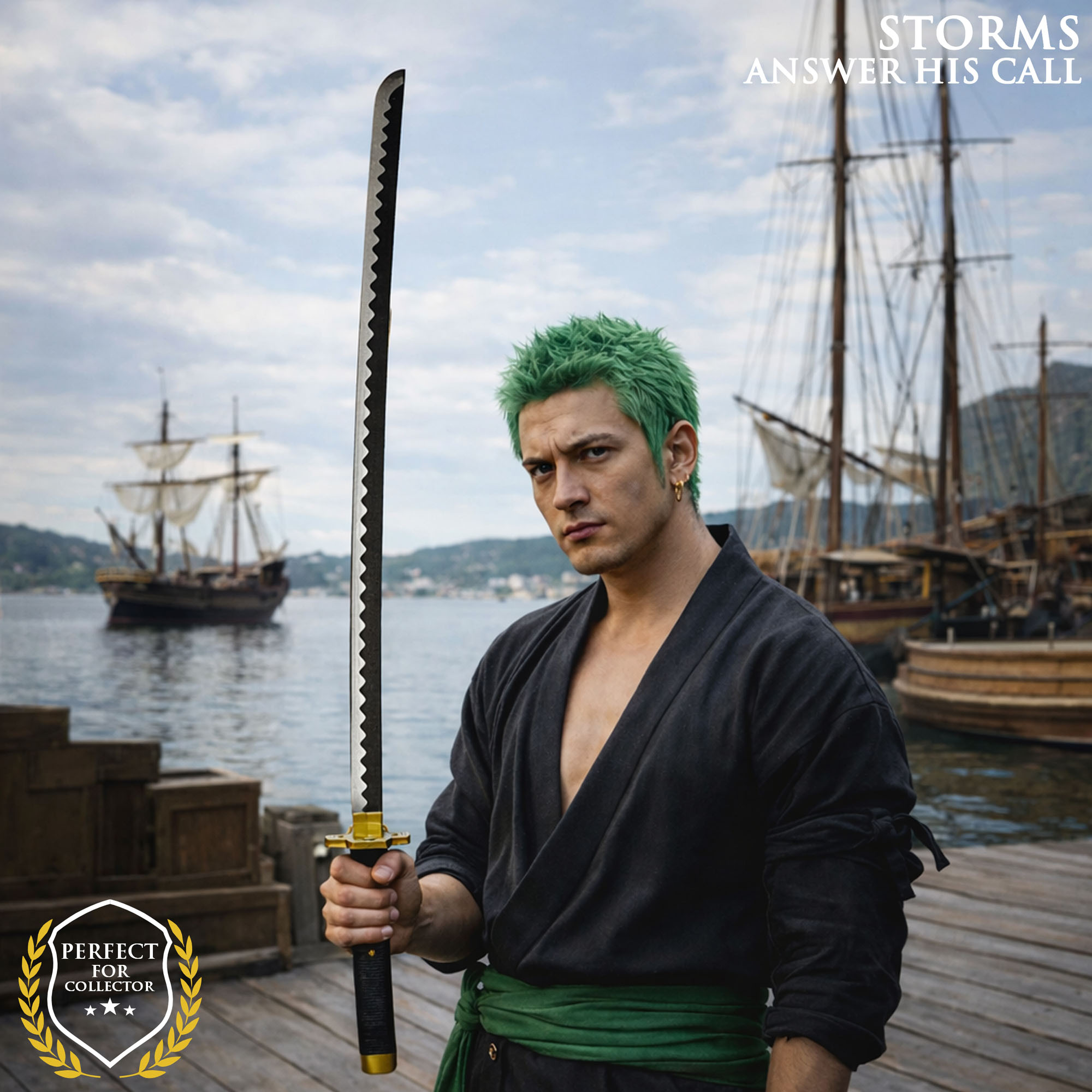 One Piece - Roronoa Zoro Yubashiri Wooden Katana with Sheath and Stand