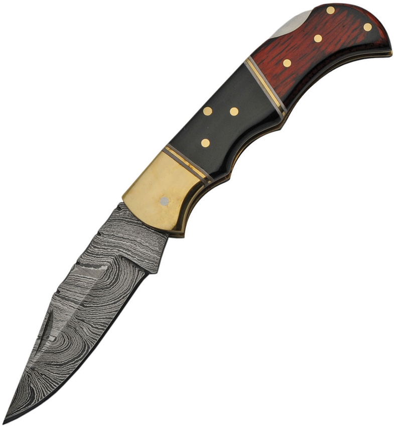 Damascus Knife, Lockback, Wood and Horn 