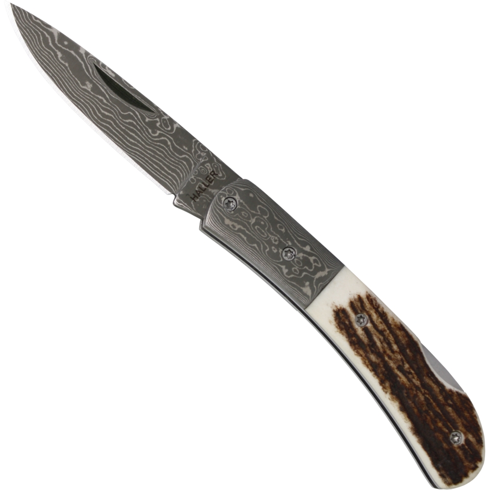 Damask pocket knife with buckhorn handle 