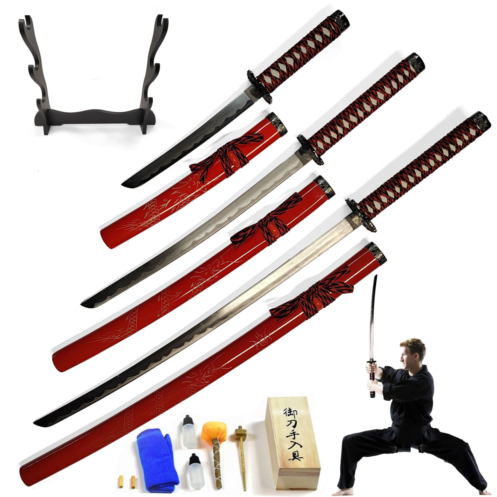 Handgeschmiedetes Samurai Schwert 3er Set mit Ständer und Pflegeset - Rot (Katana, Wakizashi und Tanto)