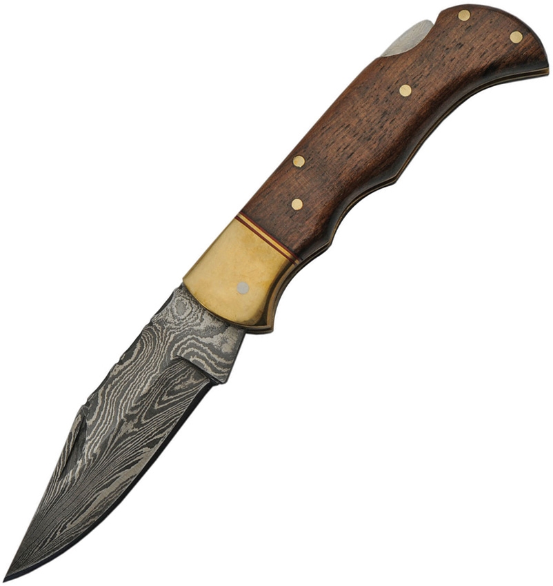 Damascus Knife, Lockback, Wood 