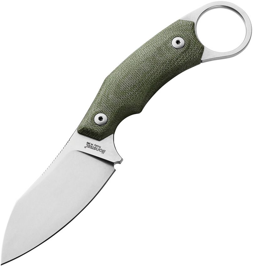 H1, M390 Stonewashed Sheepsfoot Blade, Green Canvas Micarta Handle, Black Leather Sheath