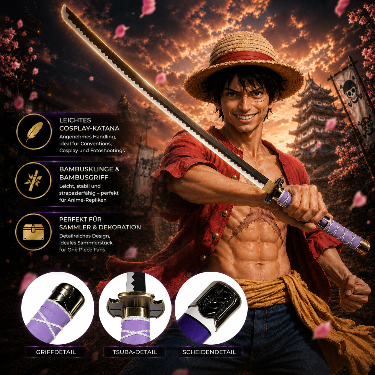 One Piece - Nidai Kitetsu Katana with Sheath (Wooden Version)