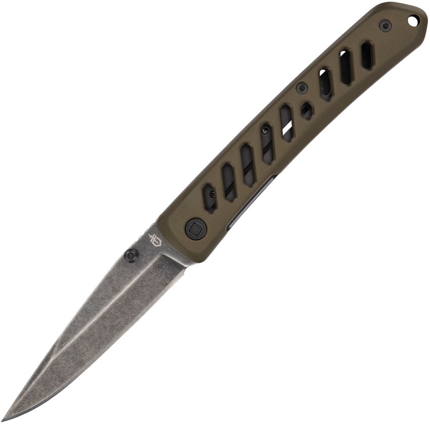 Affirm, schwarze Stonewashed Clip Point-Klinge, geschlitzter grüner Aluminiumgriff