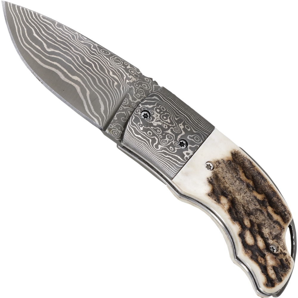 Damascus pocket knife staghorn