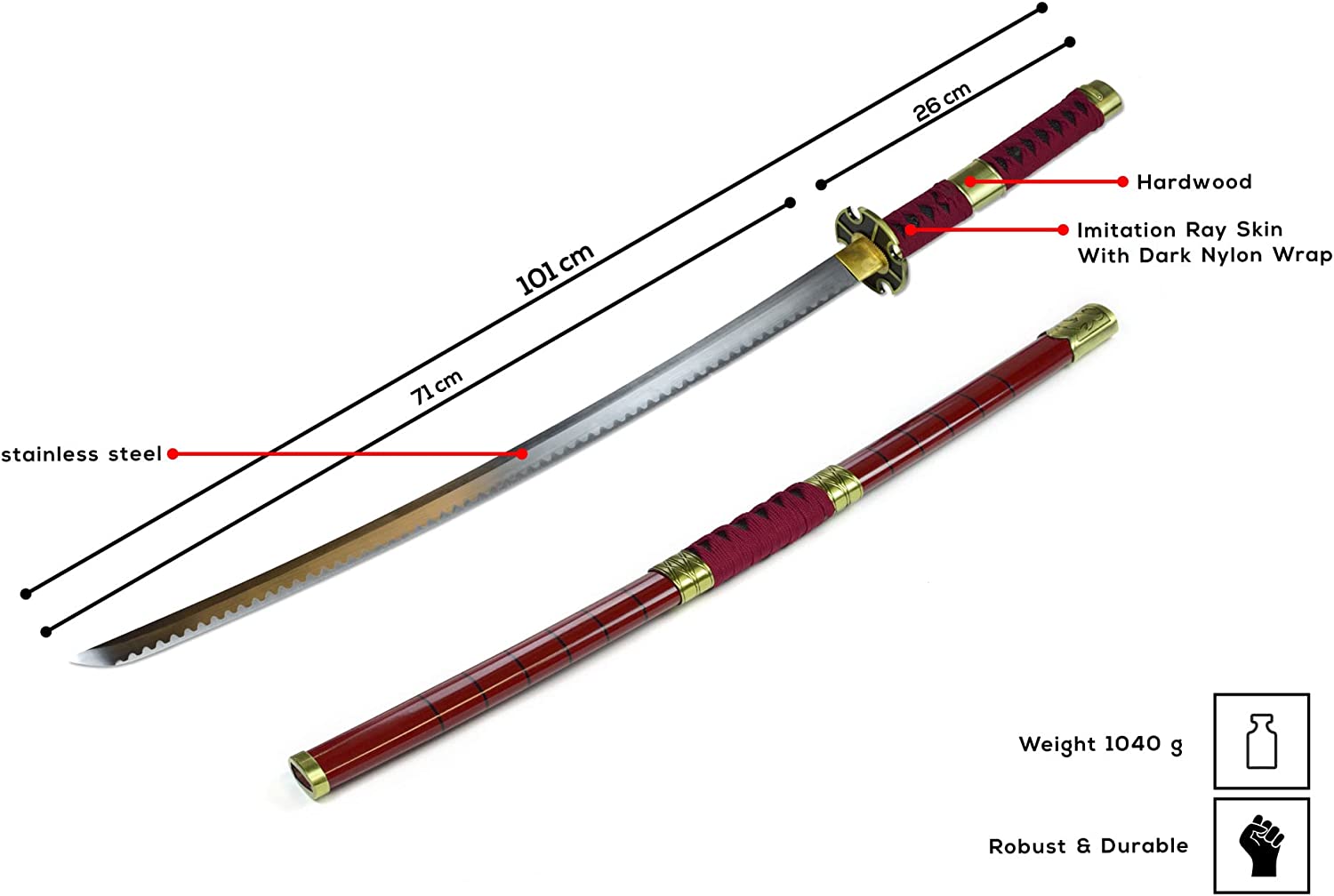 One Piece - Set of 3 Handforged Swords Wado-Ichi-Monji, Oden's Enma, Sandai Kitetsu (Bundle 40407+41645+40267)