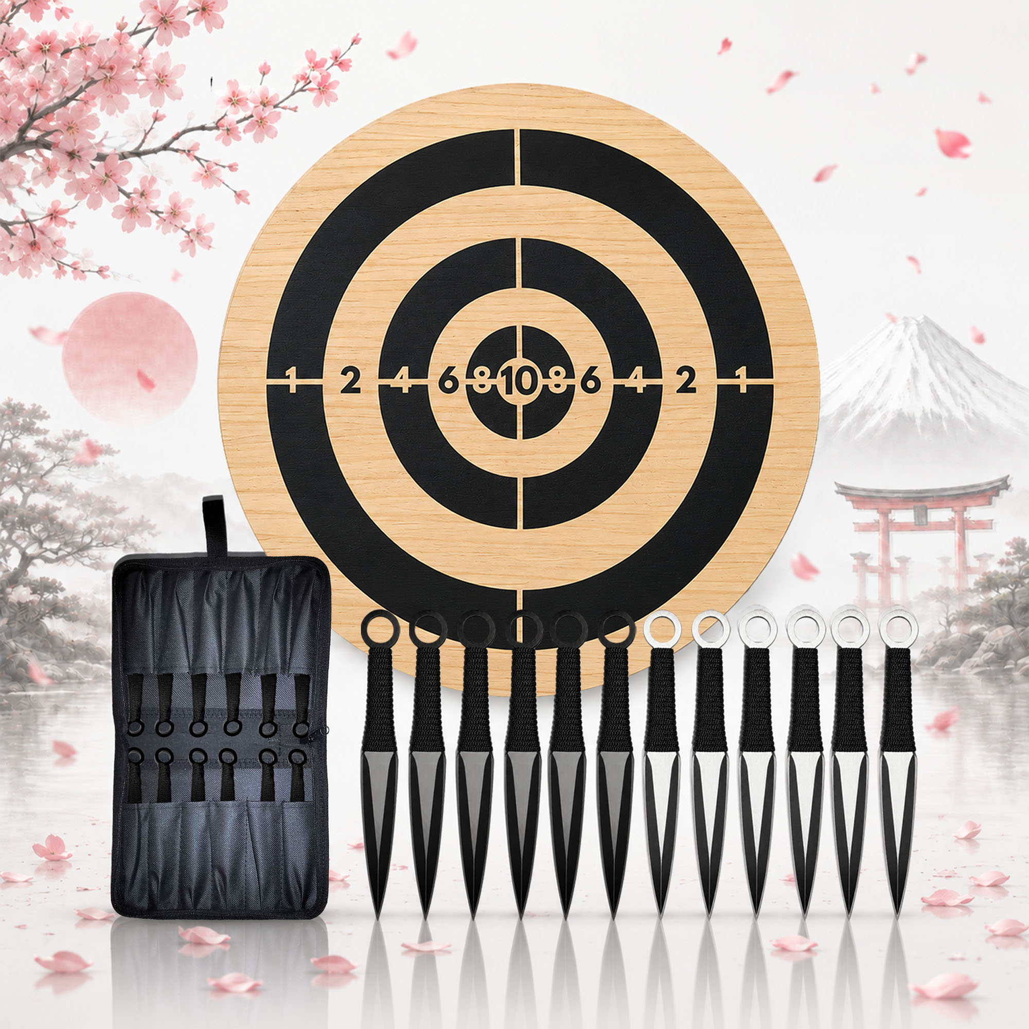 Throwing Knife Set with Wooden Target – 12 Piece Set (6 Black / 6 Silver)