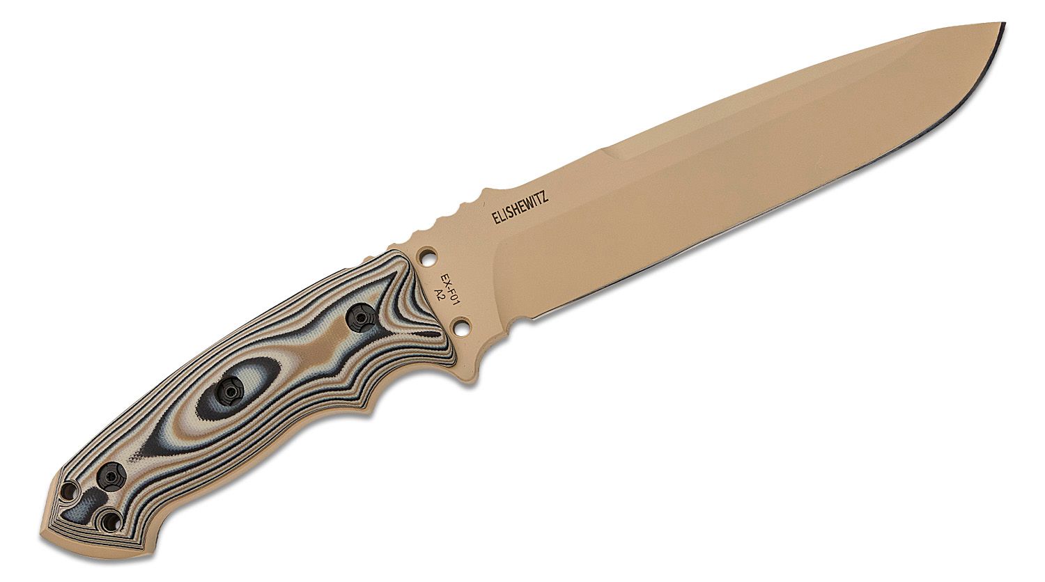 EX-F01, A2 Carbon Steel Blade, Flat Dark Earth G-Mascus G10 Handles, Tan MOLLE Sheath