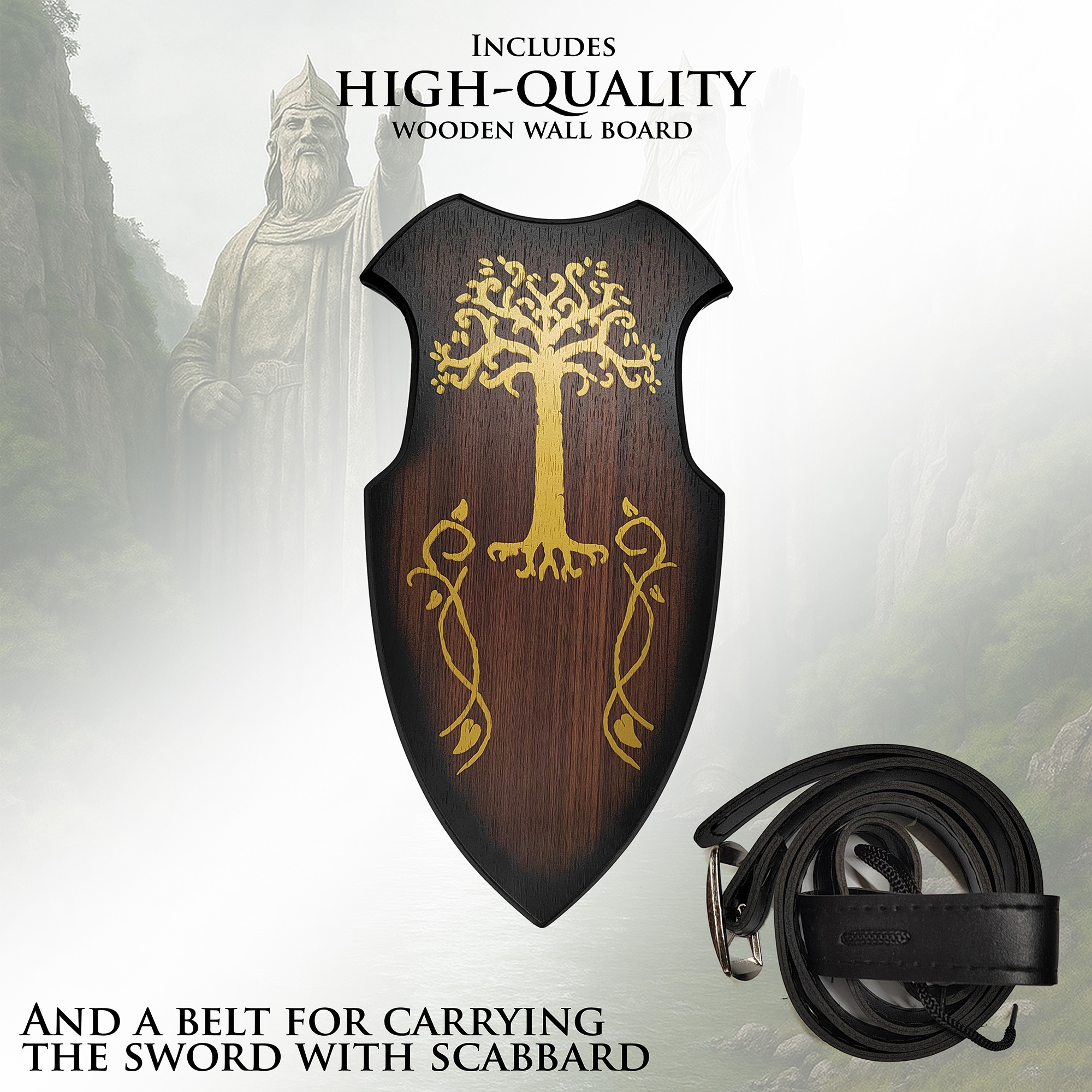 King Sword with Sheath, Handforged, Sharp Edge, Complete Set with Scabbard, Wall Plaque & Belt