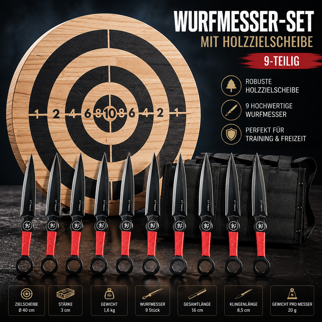 Throwing Knife Set with Wooden Target – 9 Piece Set