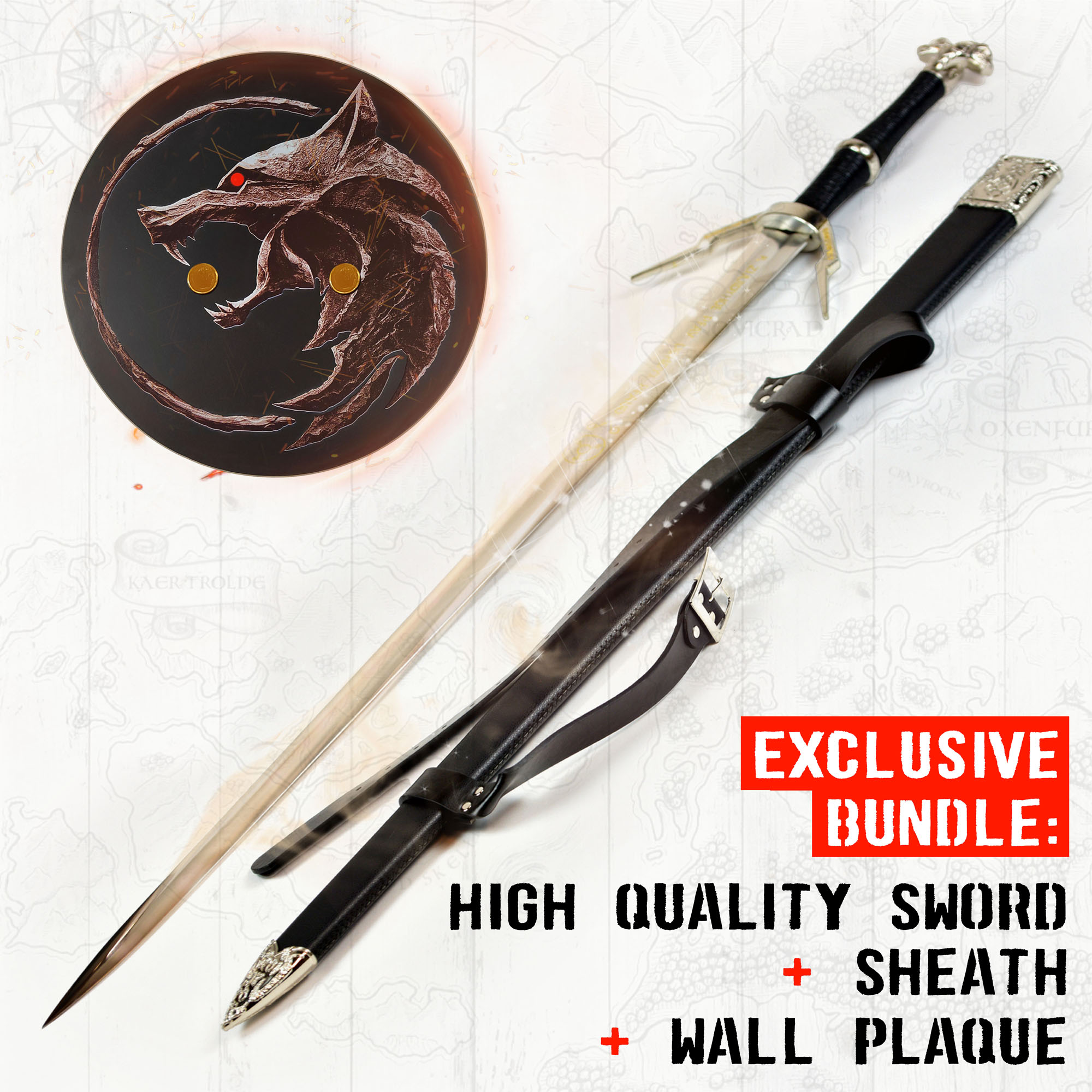 Witcher - silver sword with scabbard - type I + Wall Plaque