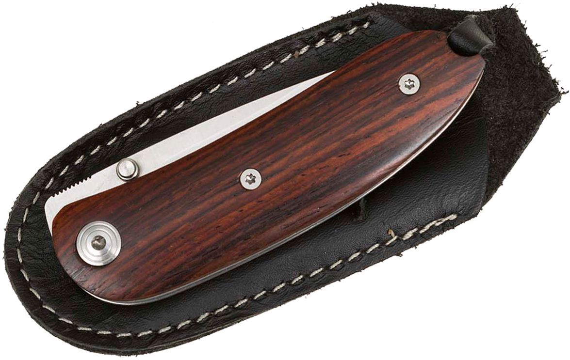 Mini Folding Knife, Satin D2 Tool Steel Blade, Santos Wood Handles, Leather Pouch