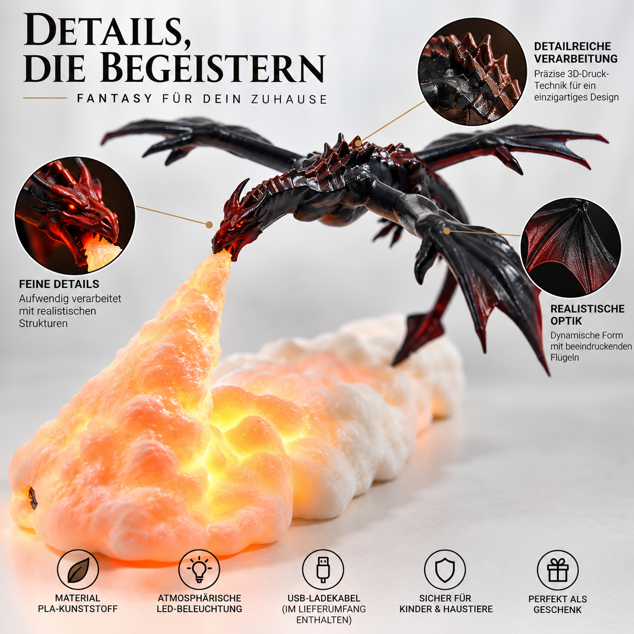Drachenlampe aus 3D-Drucktechnik, feuerspeiender Drache