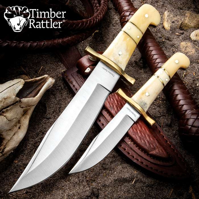 Camel Bone Bowie Knife - Two-Knife Set with Leather Twin Sheath