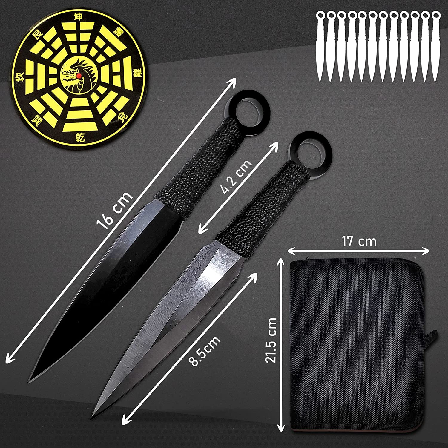 12 black and silver throwing knives with target