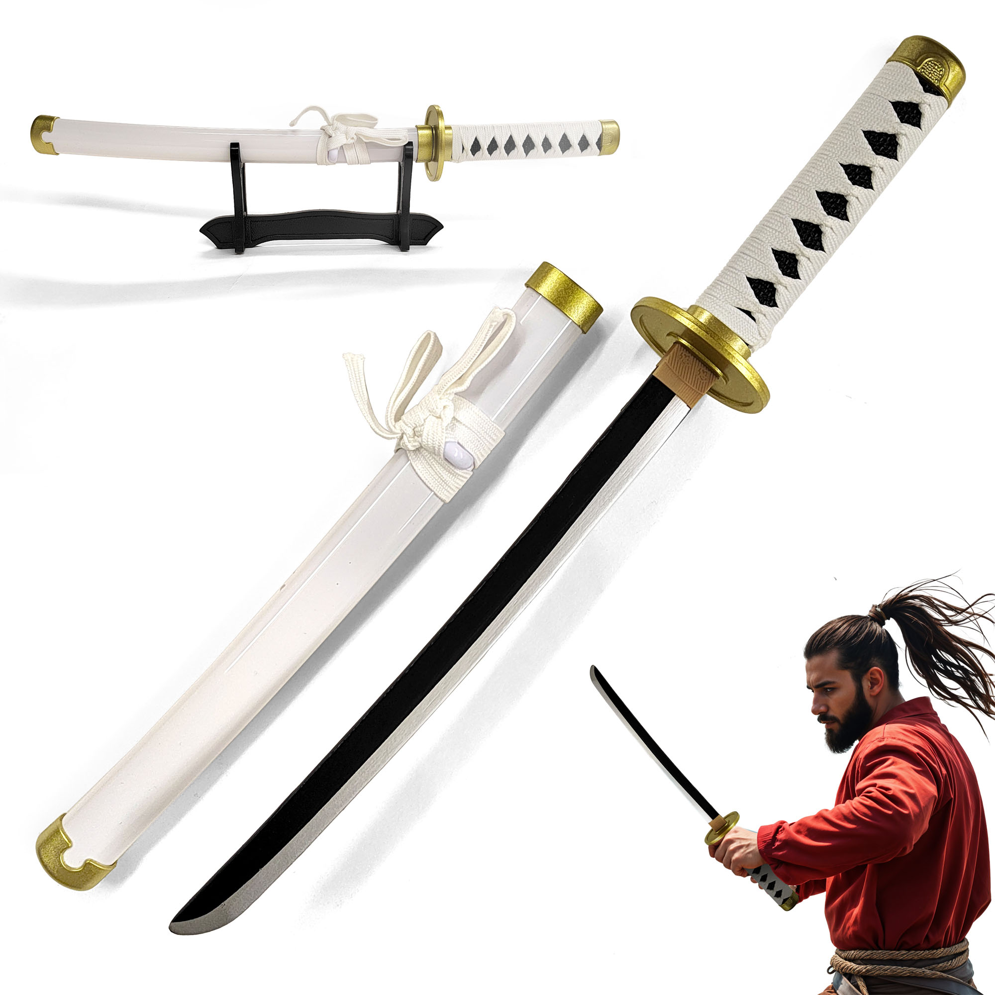 One Piece - Wado-Ichi-Monji Tanto made of wood with scabbard and stand