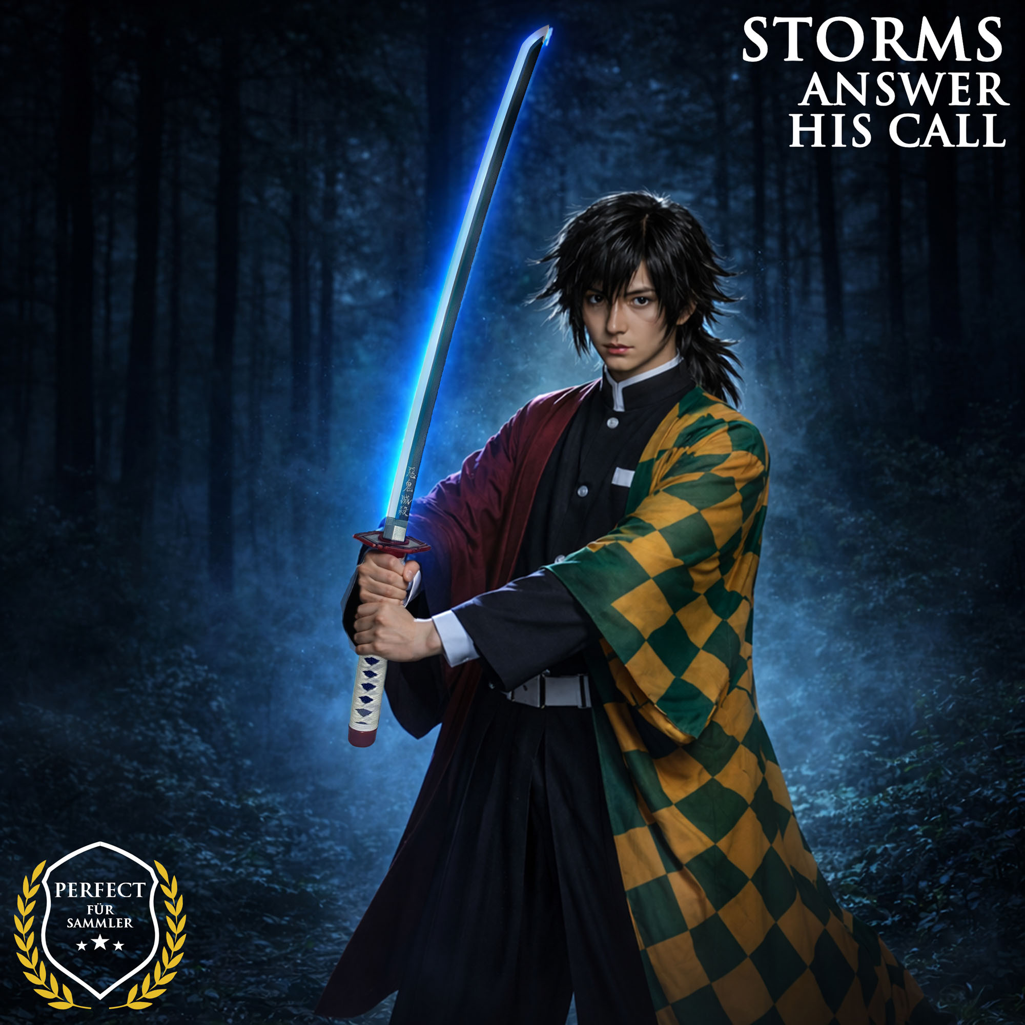 Demon Slayer – Giyuu Tomioka’s Nichirin Katana with Scabbard (Steel Blade with LED-Illuminated Edge)