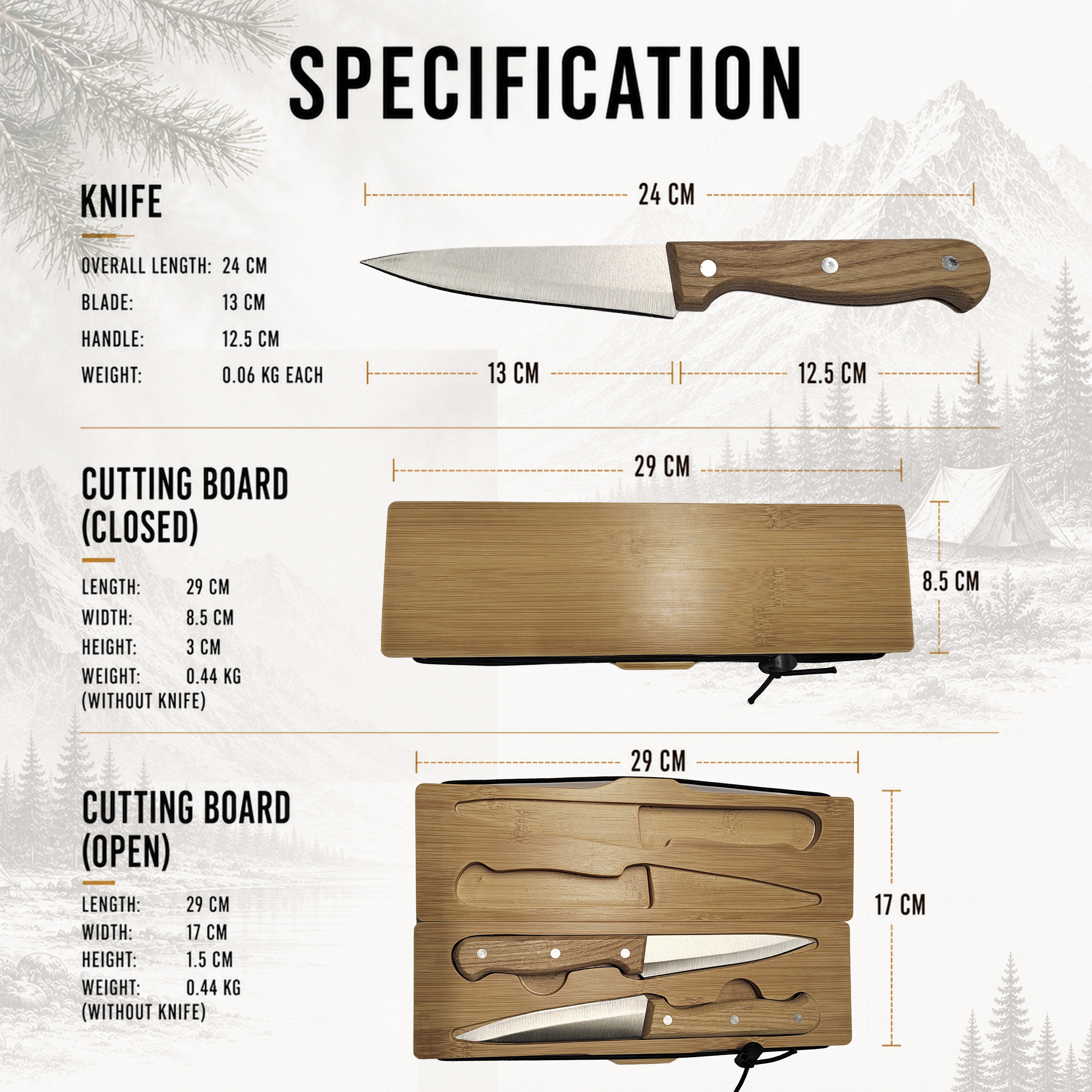 Klappbares Outdoor Camping-Schneidebrett aus Bambus inkl. 2 integrierter Edelstahl-Messer