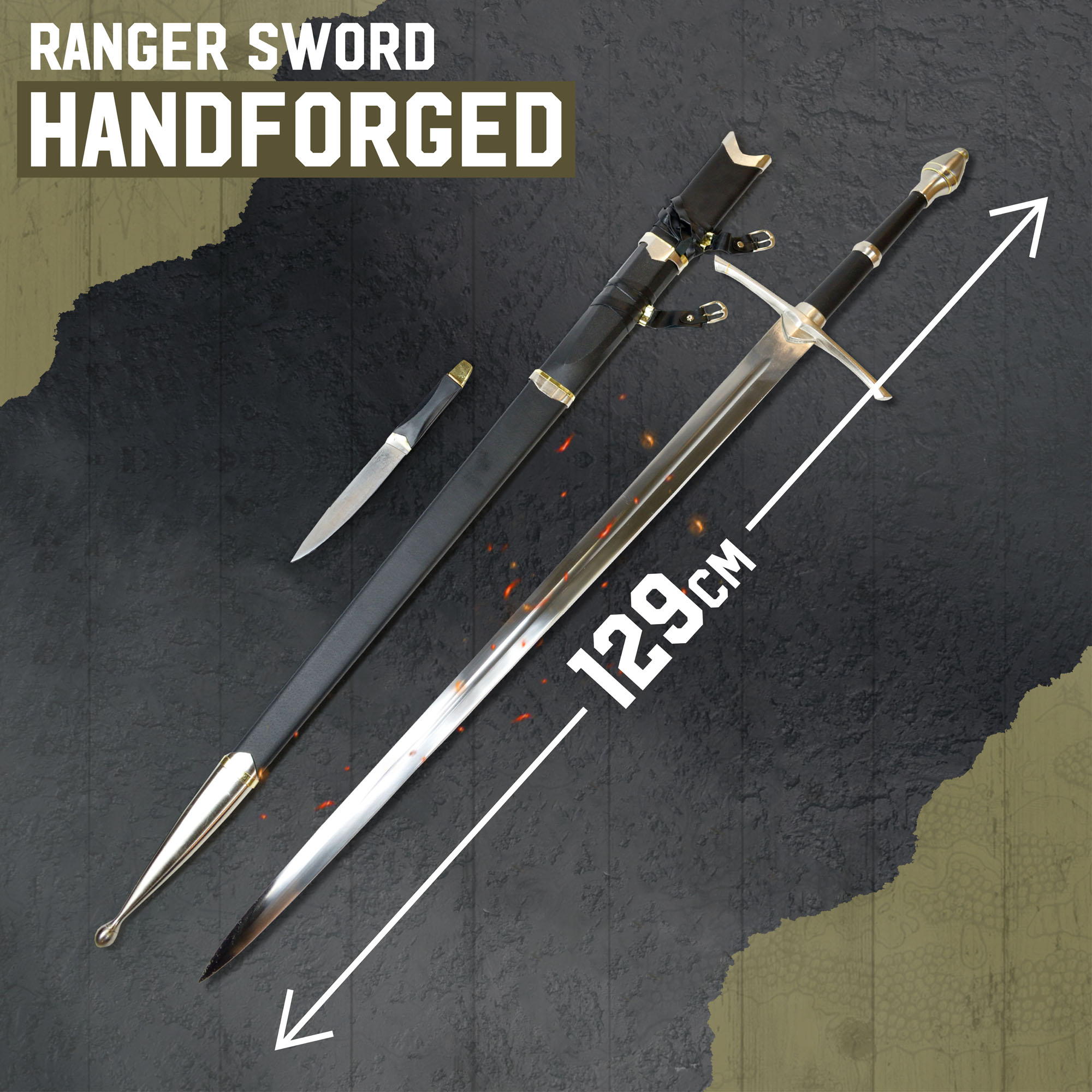 Ranger Schwert, handgeschmiedet, mit Beimesser und scharfer Klinge