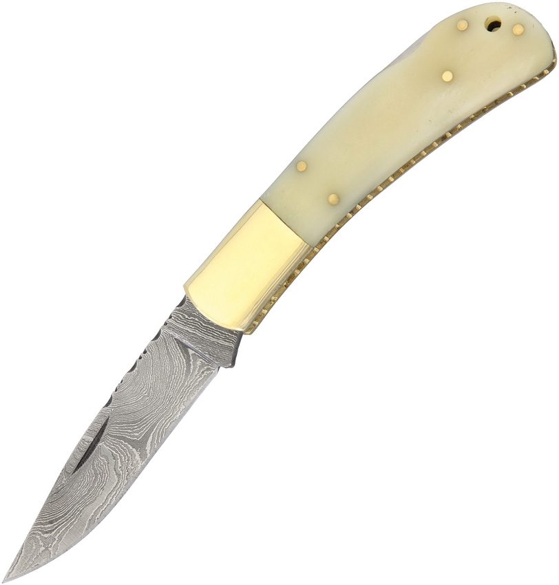 Damascus Pocket Knife, White Bone