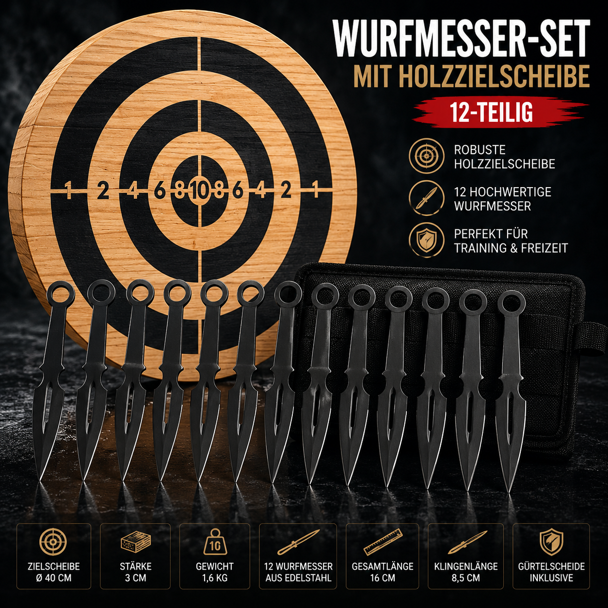 12 Black Throwing Knife with Wooden Target – Set