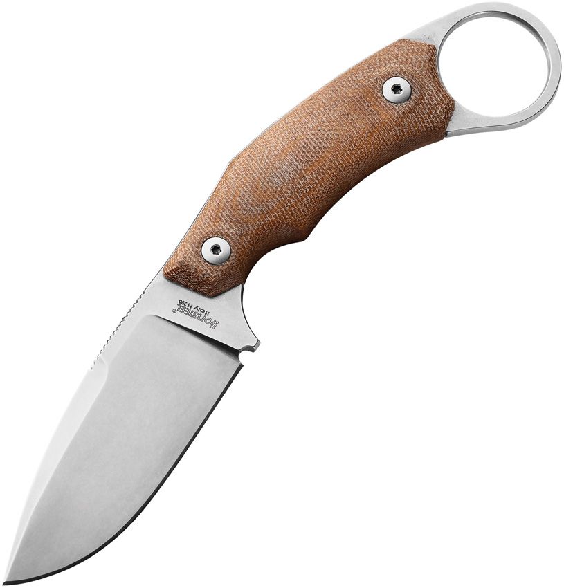 H2, M390 Stonewashed Drop Point Blade, Natural Canvas Micarta Handle, Black Leather Sheath