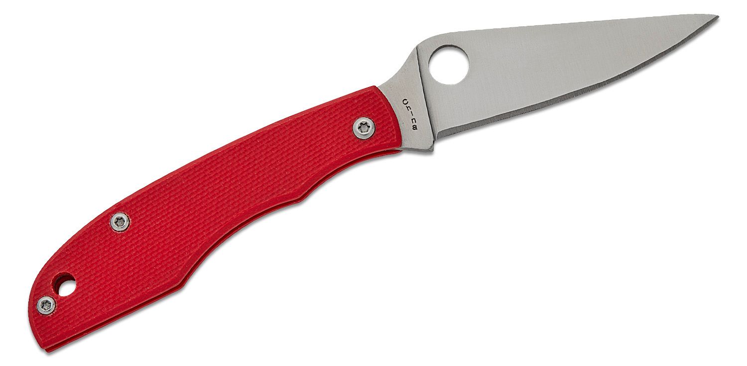 GrassHopper Miniature, 12C27 Satin Plain Blade, Red G10 Handle