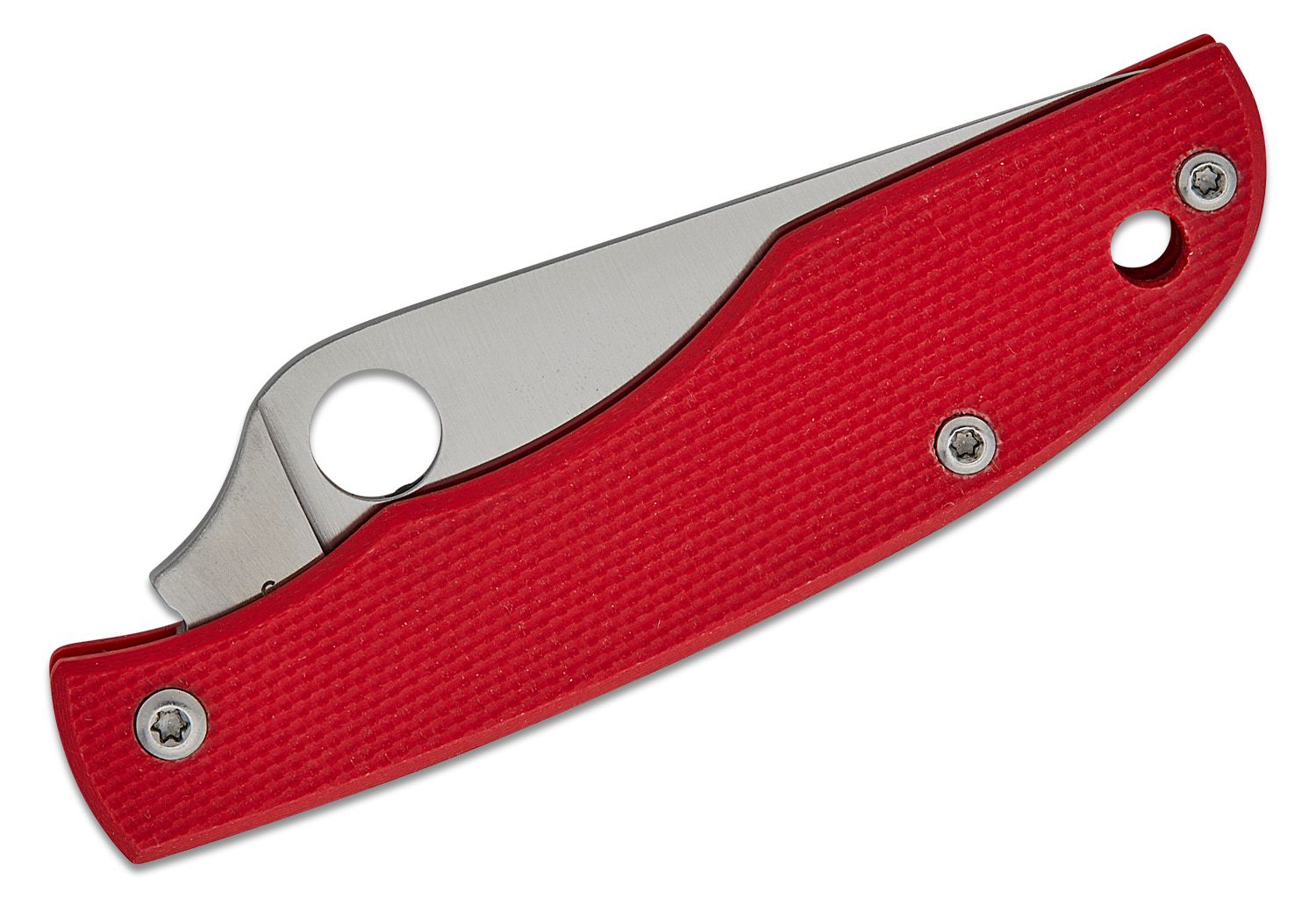 GrassHopper Miniature, 12C27 Satin Plain Blade, Red G10 Handle