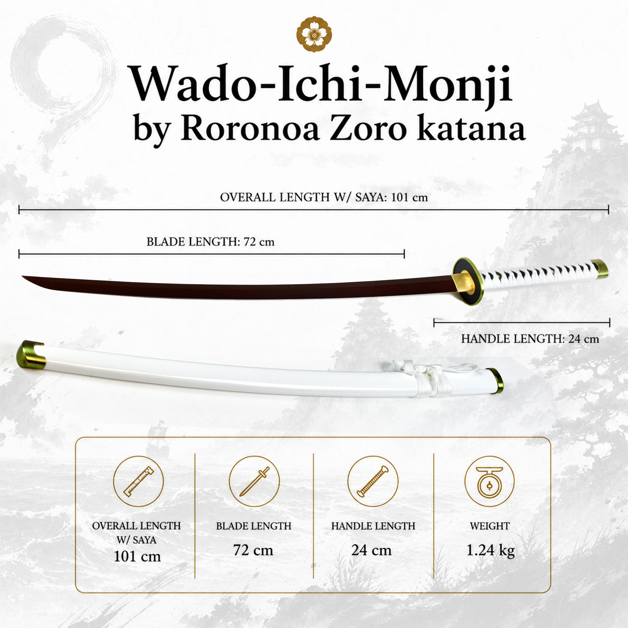 Wado-Ichi-Monji by Roronoa Zoro katana - handforged & folded, Set - Blood Damascus Edition