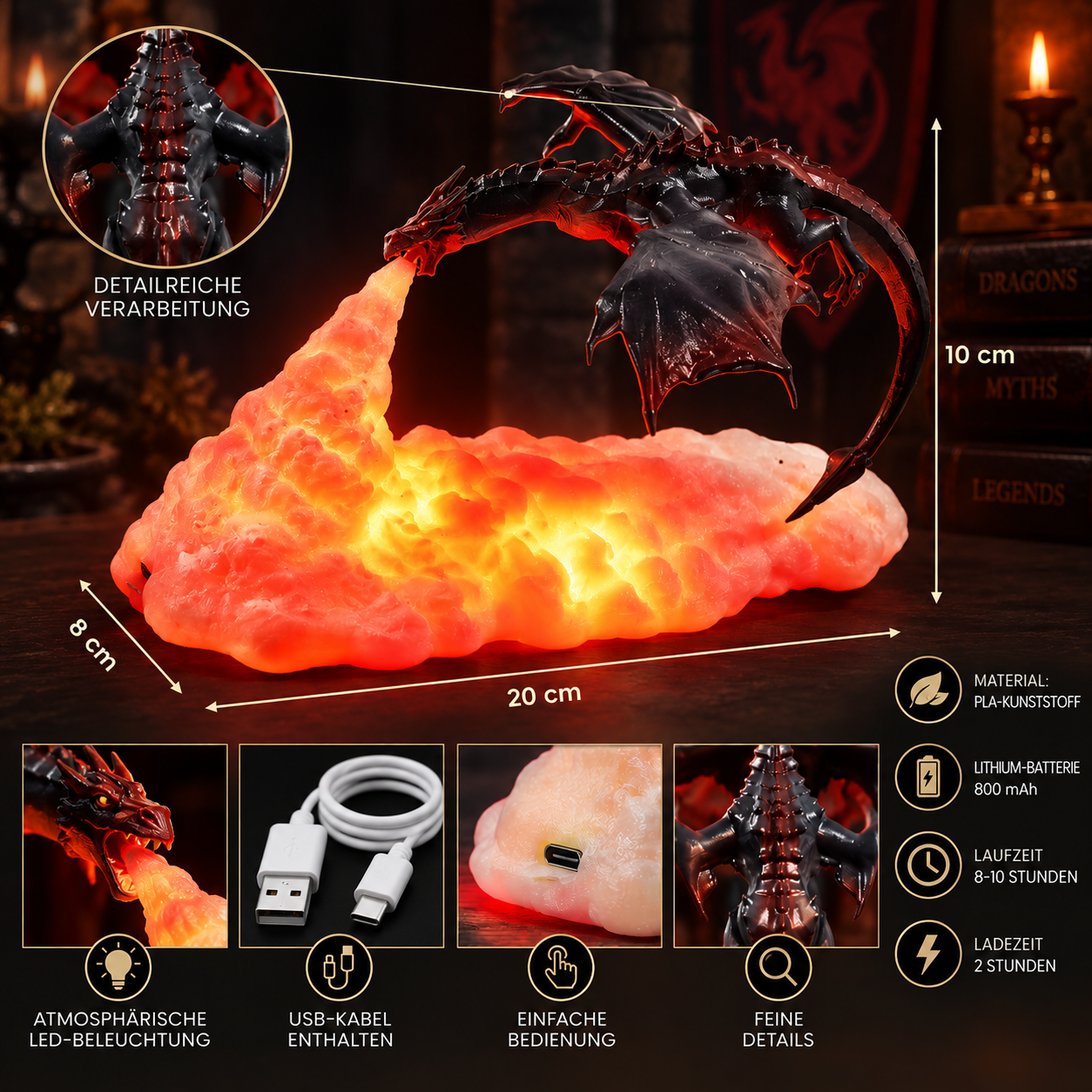 Drachenlampe aus 3D-Drucktechnik, feuerspeiender Drache