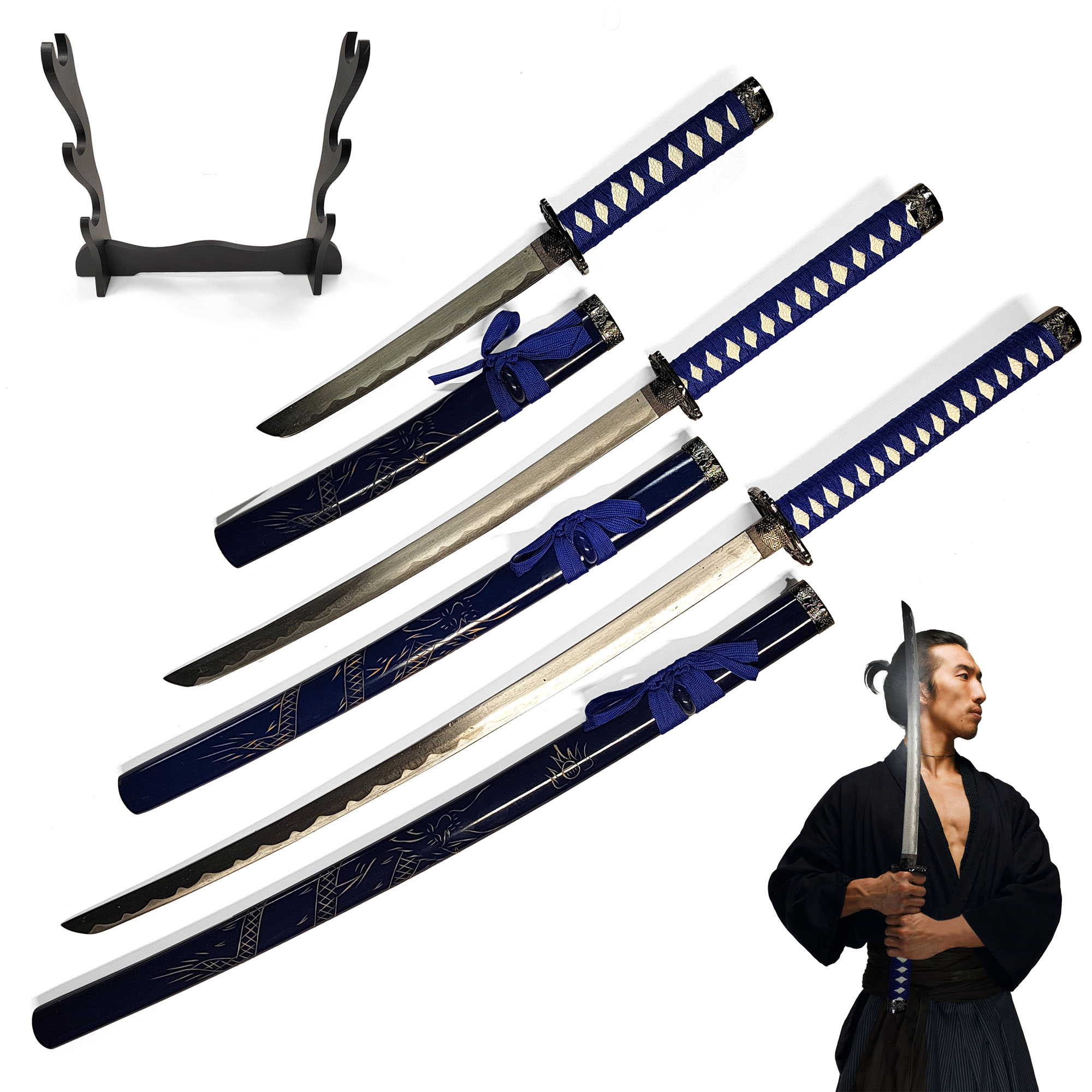 Samurai Schwert 3er Set mit Ständer - Blau (Katana, Wakizashi und Tanto)