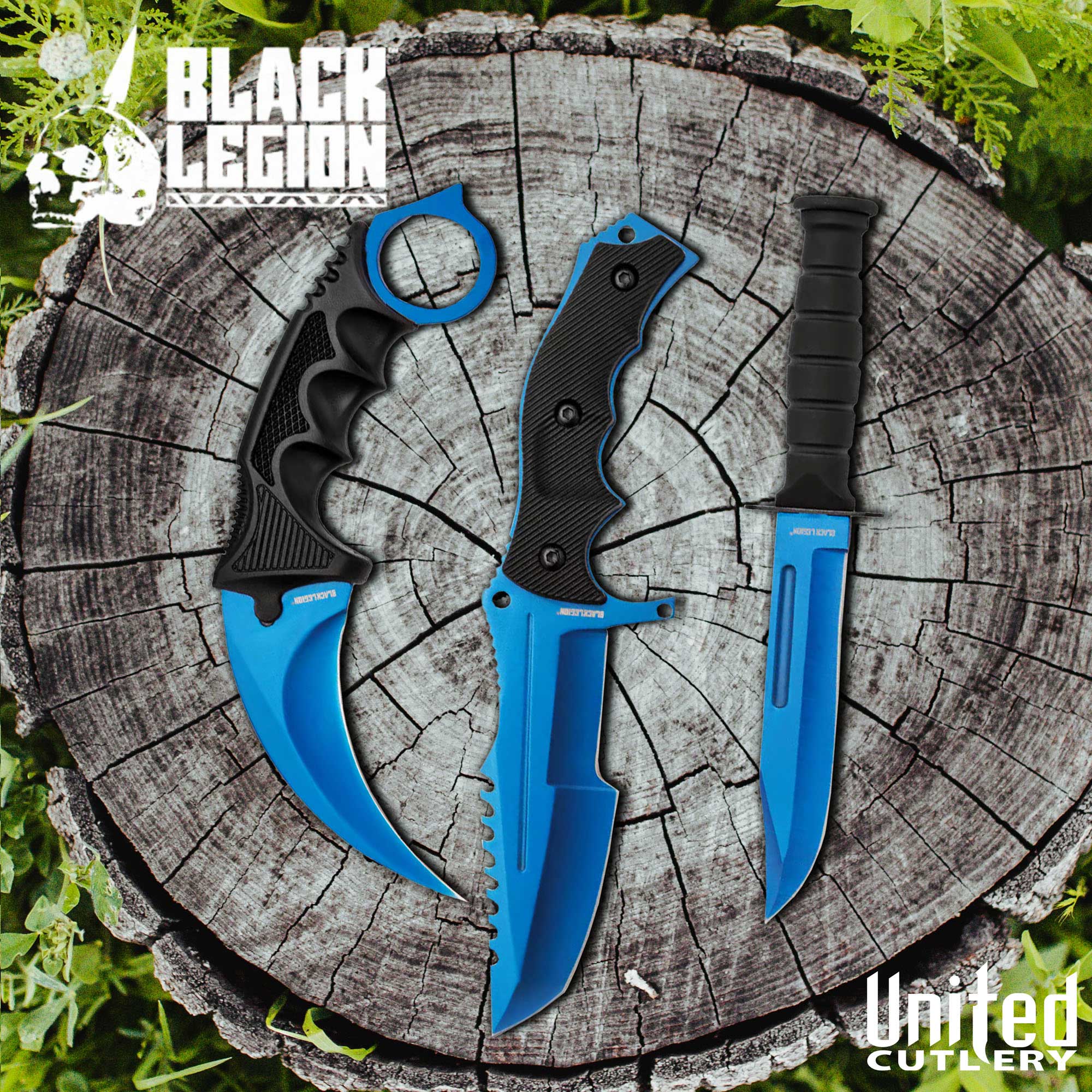 Black Legion Atomic Blue Triple Set - Karambit / Huntsman / Military Knives 