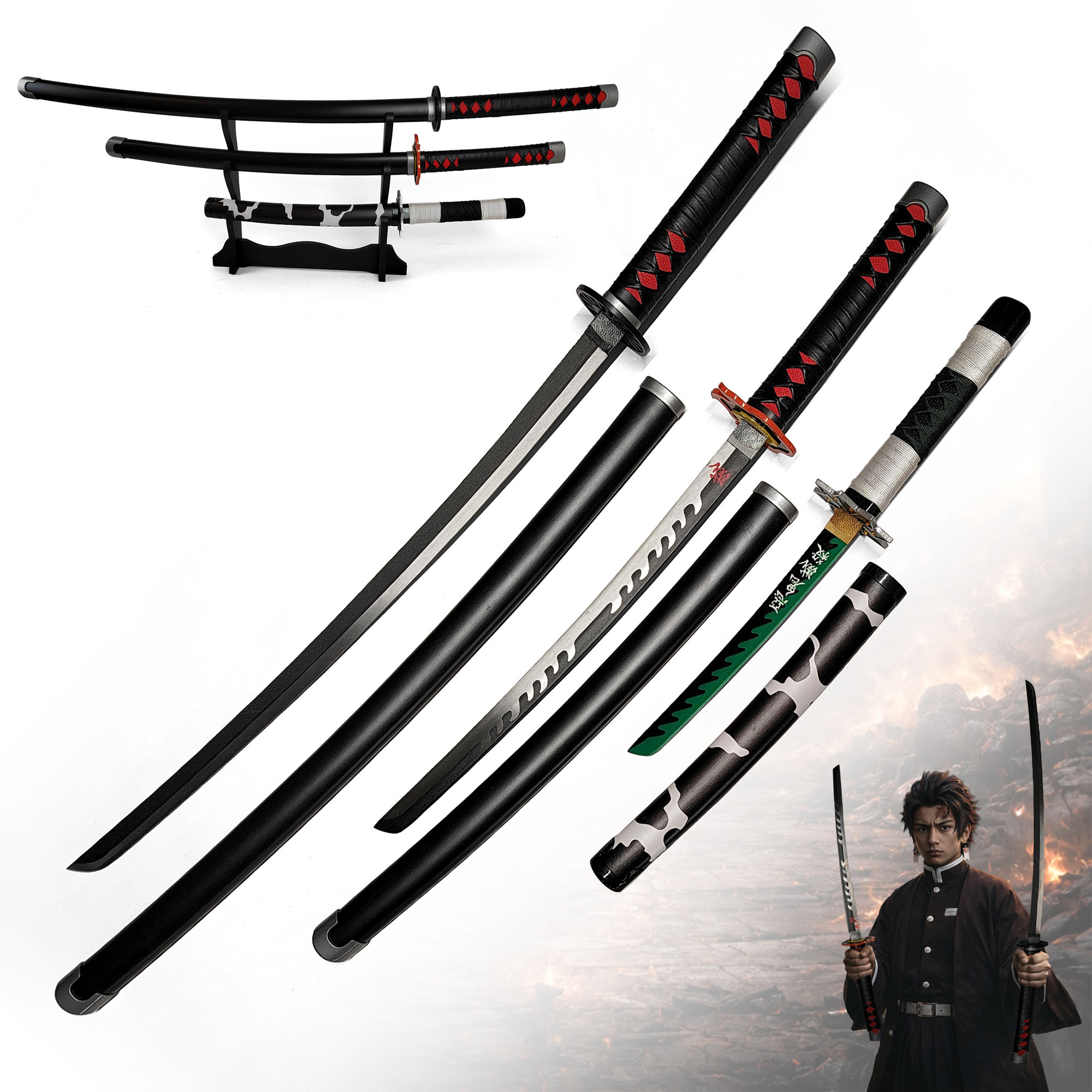 Demon Slayer Schwerter Set mit Ständer - Kamado Tanjirou, Fire Breath & Shinazugawa Sanemi