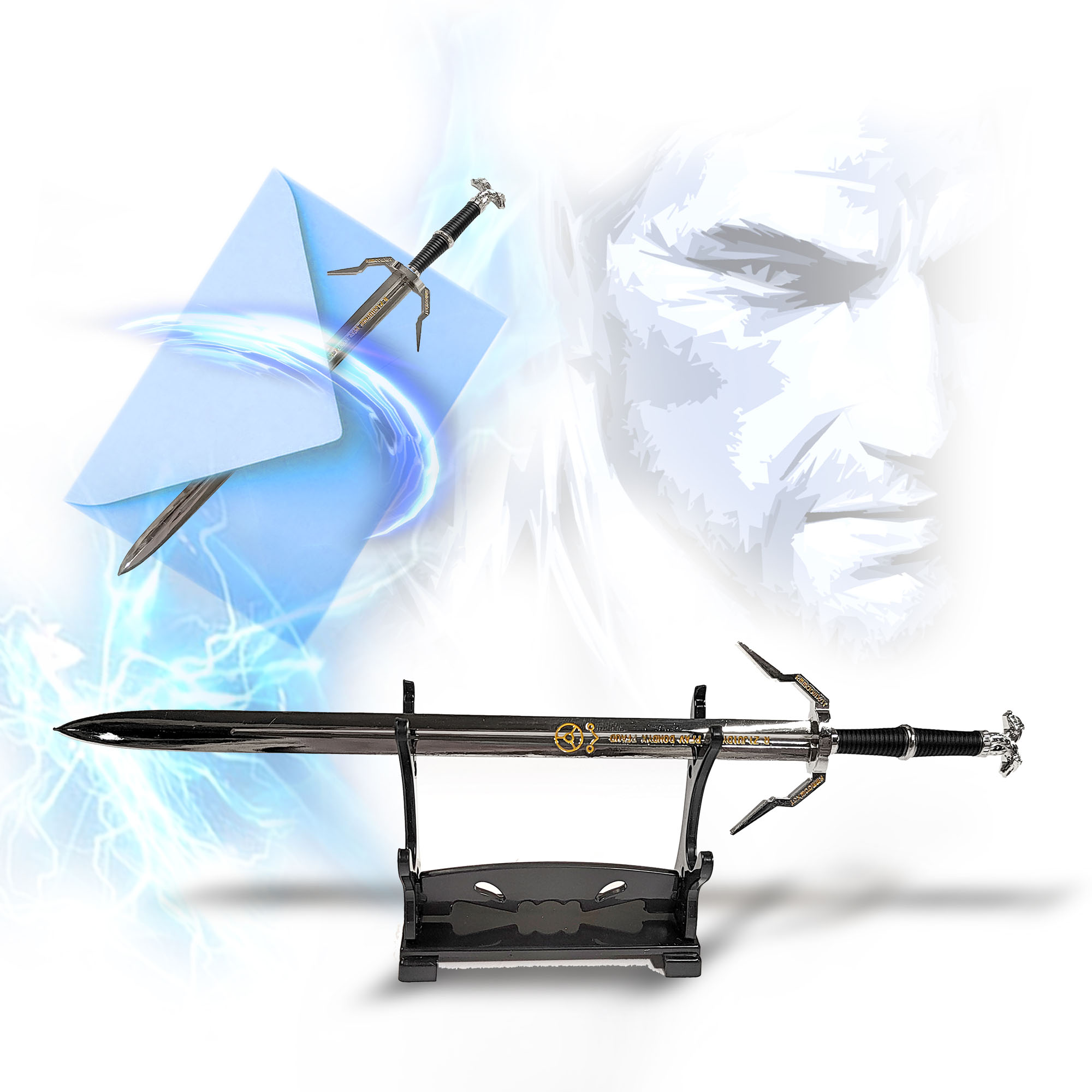 The Witcher – Geralt von Riva, Silberschwert, Schwert-Brieföffner mit Ständer, Miniaturschwert